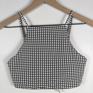 Roxy Bikini Swim Top Women M Black White Checkered Grid Strappy Padded Surf